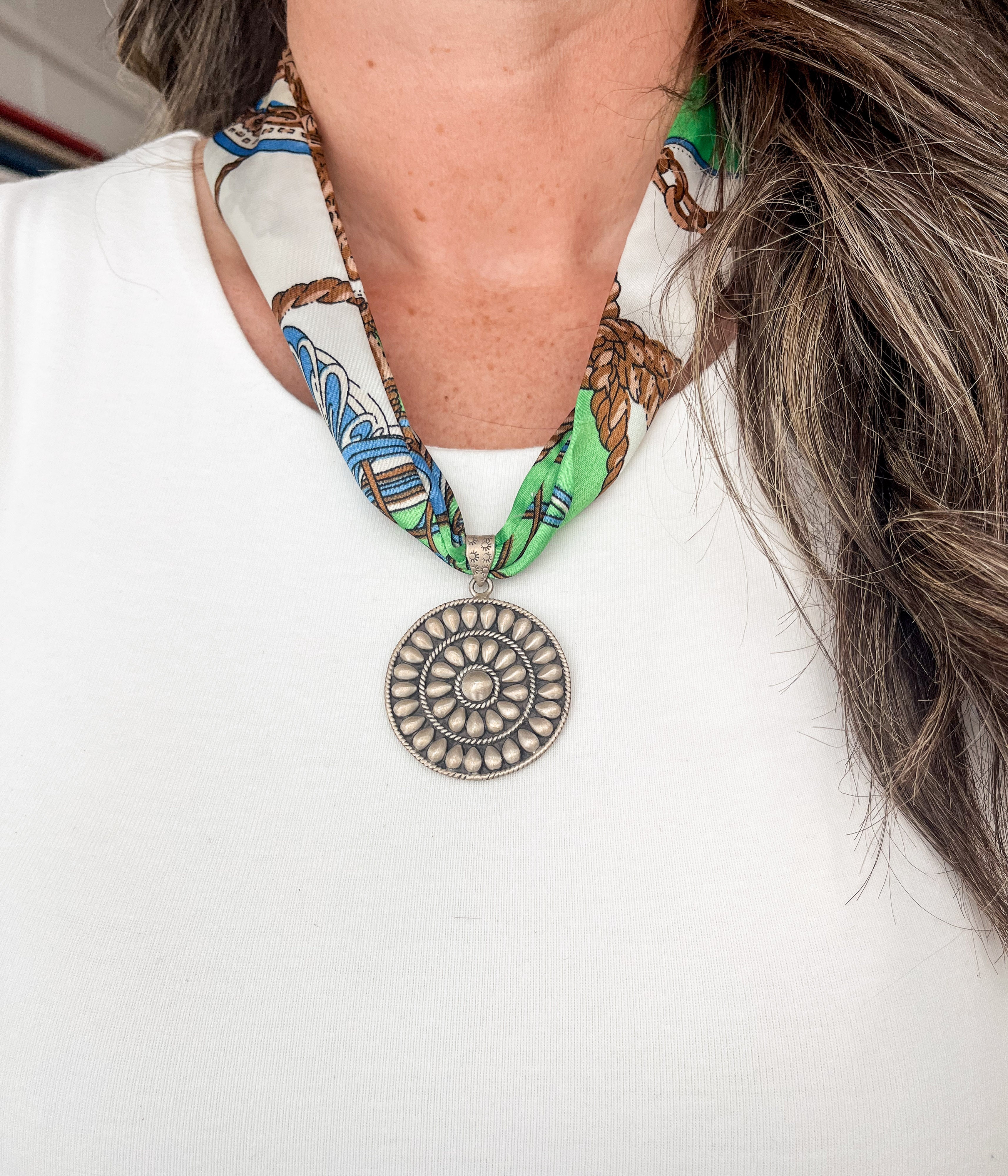 Silver Medallion Pendant Scarf Necklace