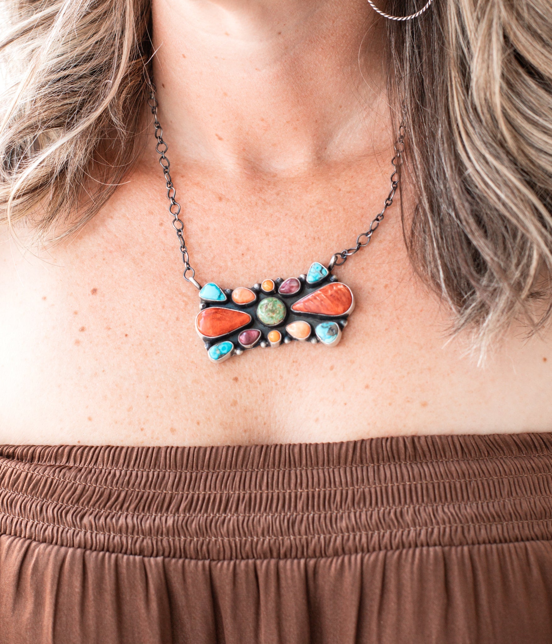 Large Mixed Stone Rectangle Bar Necklace