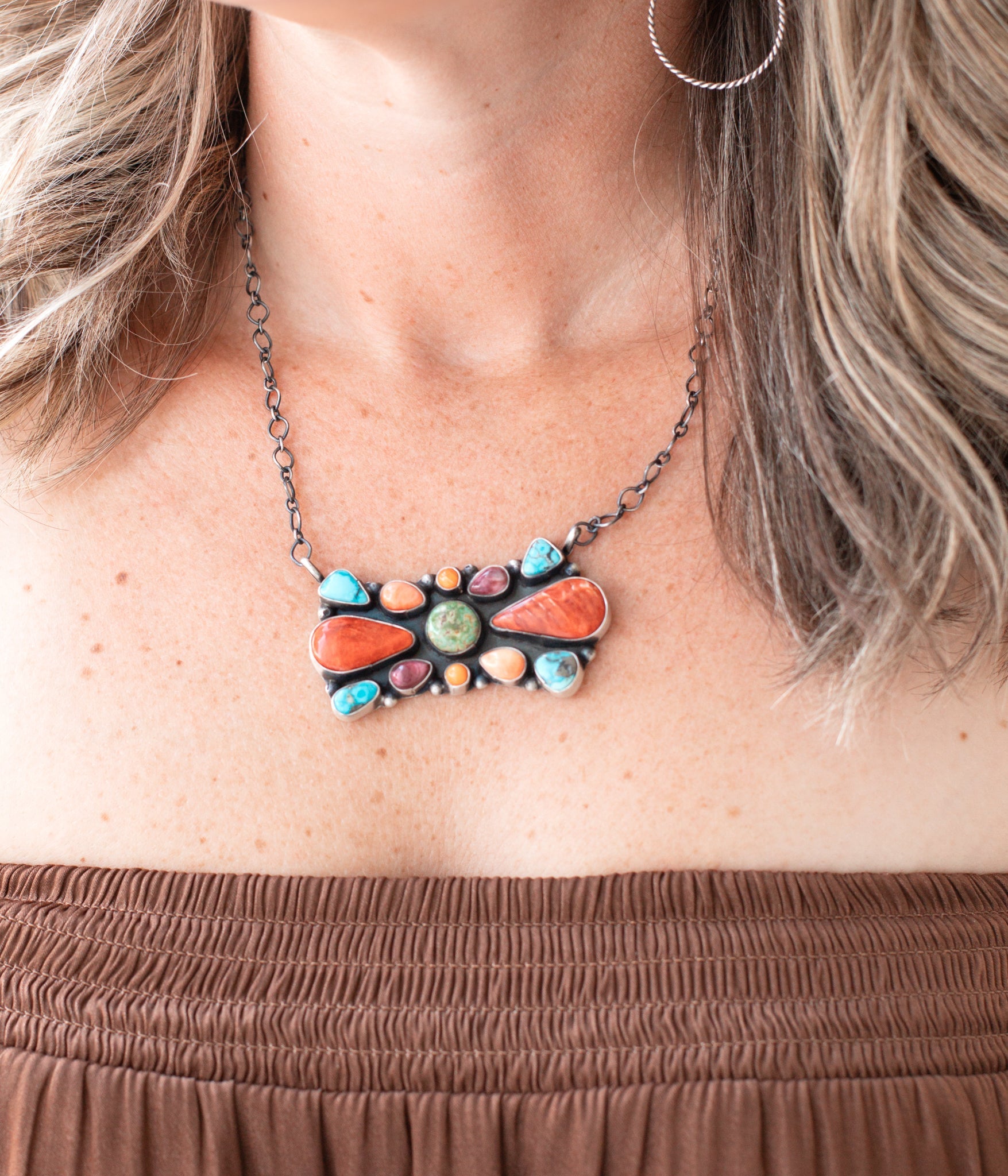 Large Mixed Stone Rectangle Bar Necklace