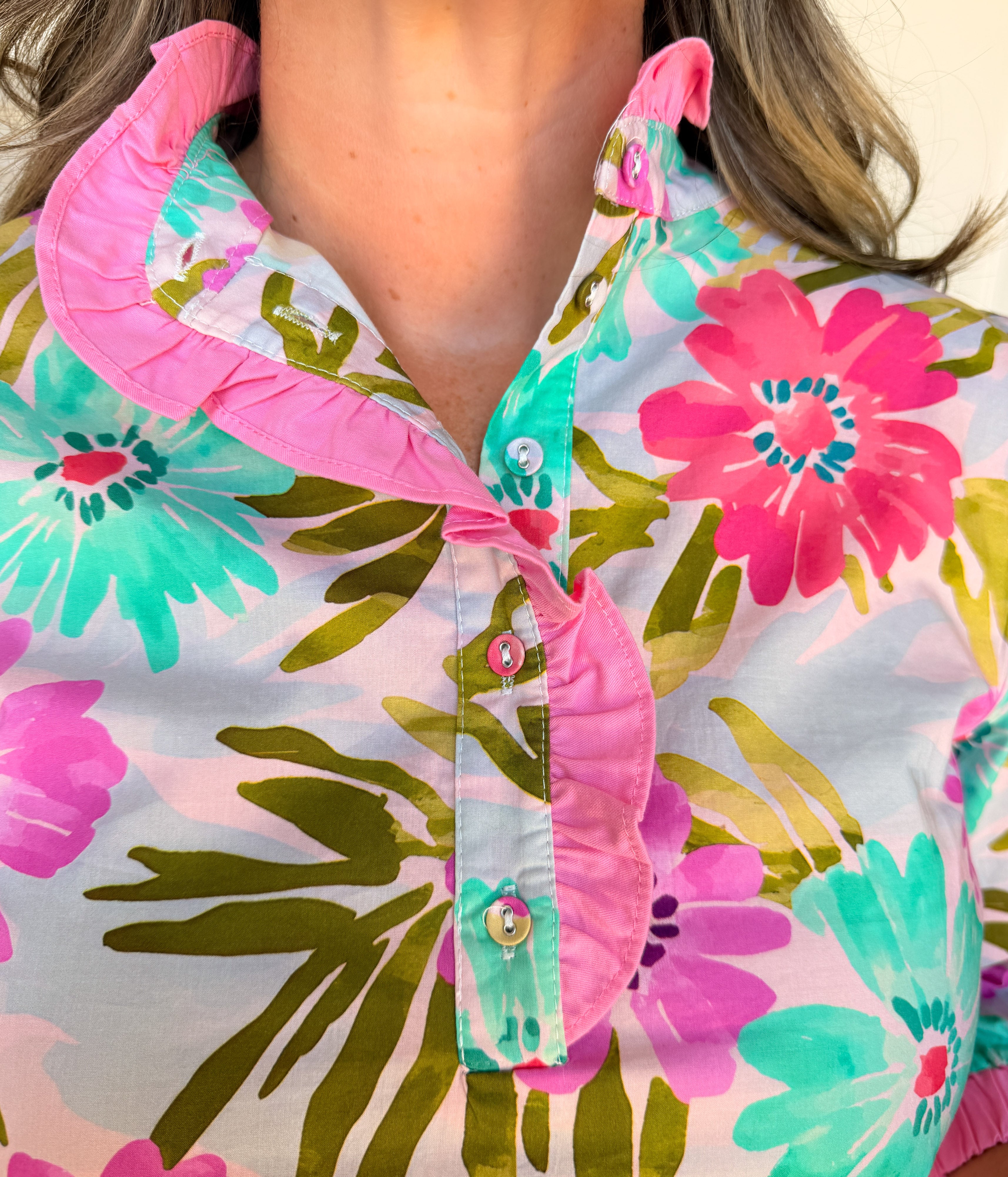 Pink Floral Dress with Ruffled Neckline