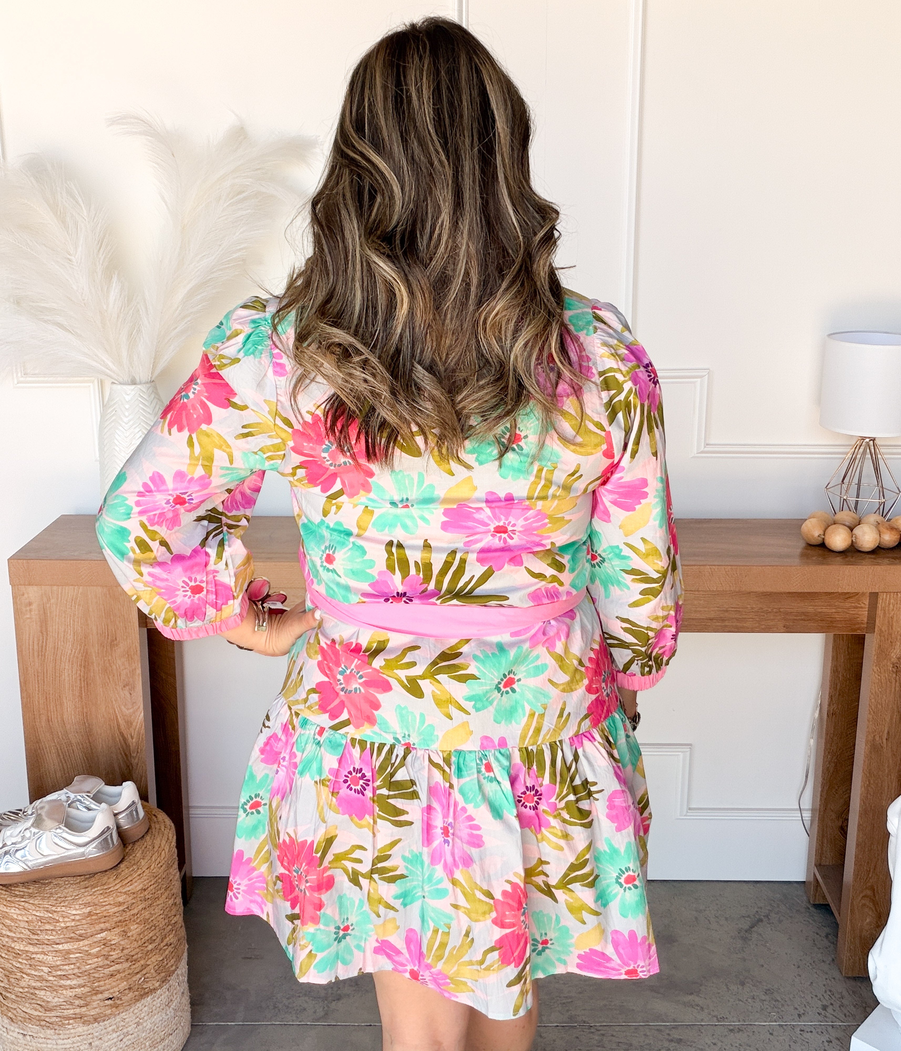 Pink Floral Dress with Ruffled Neckline