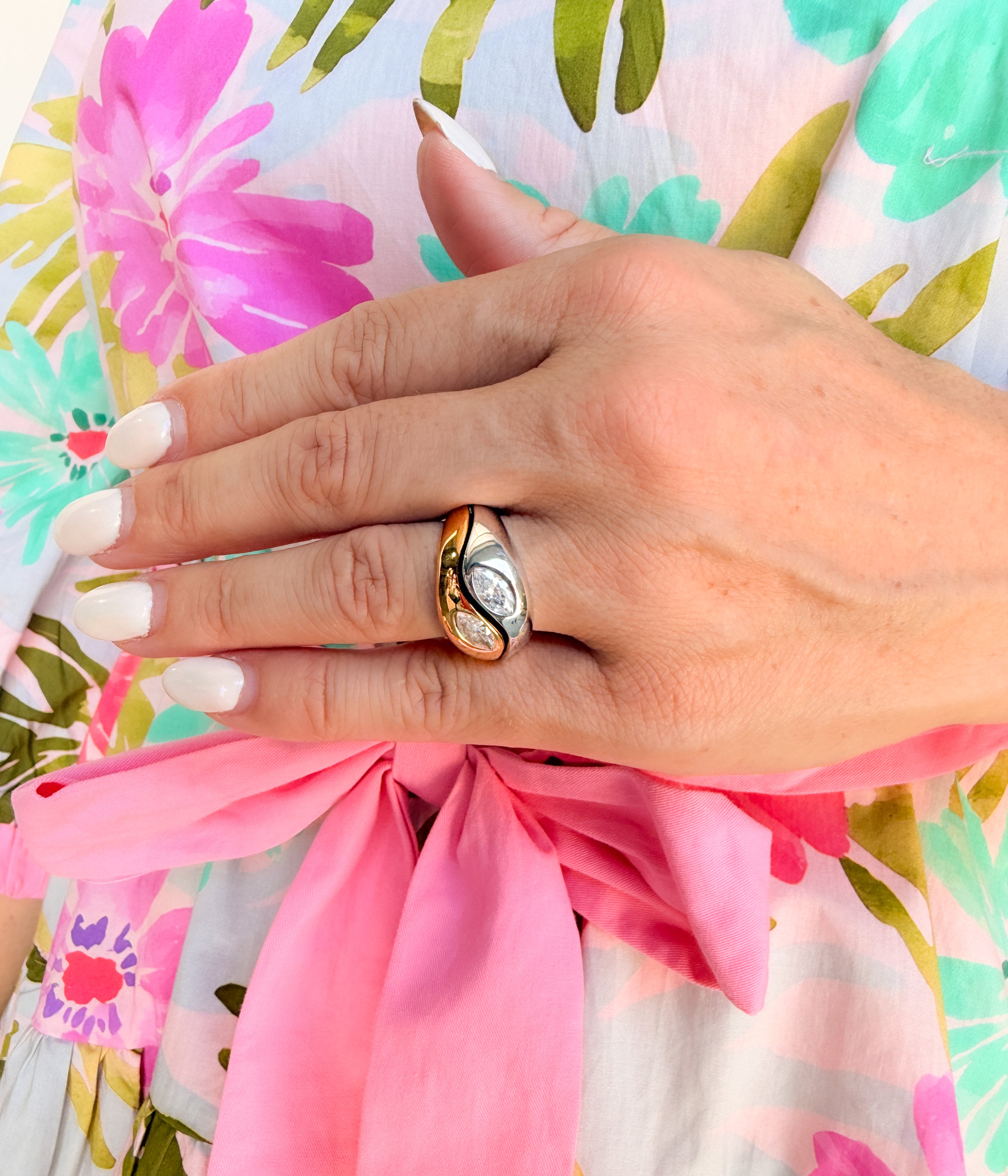 Gold Wave Statement Ring with Crystal
