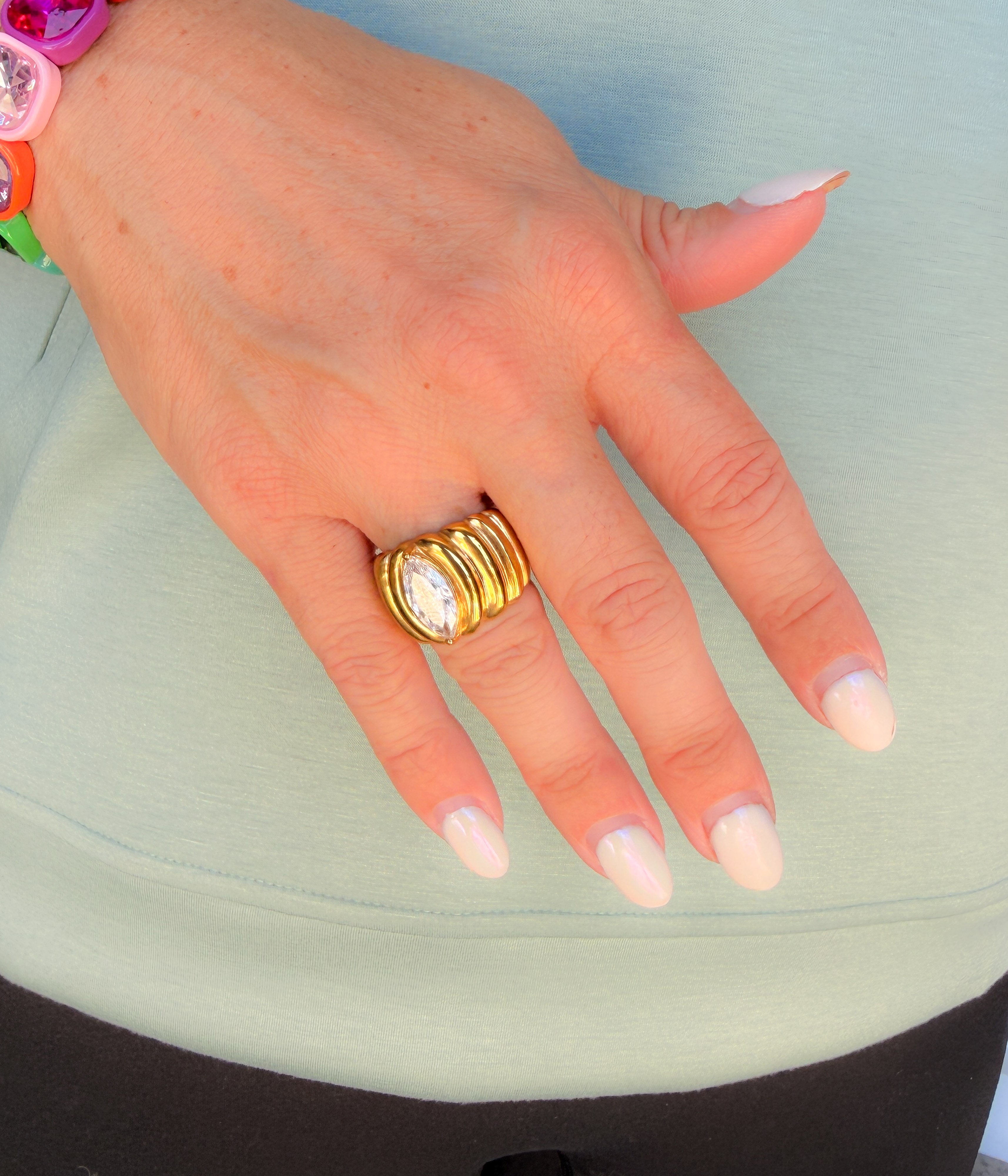 Gold Ribbed Statement Ring with Marquise Crystal