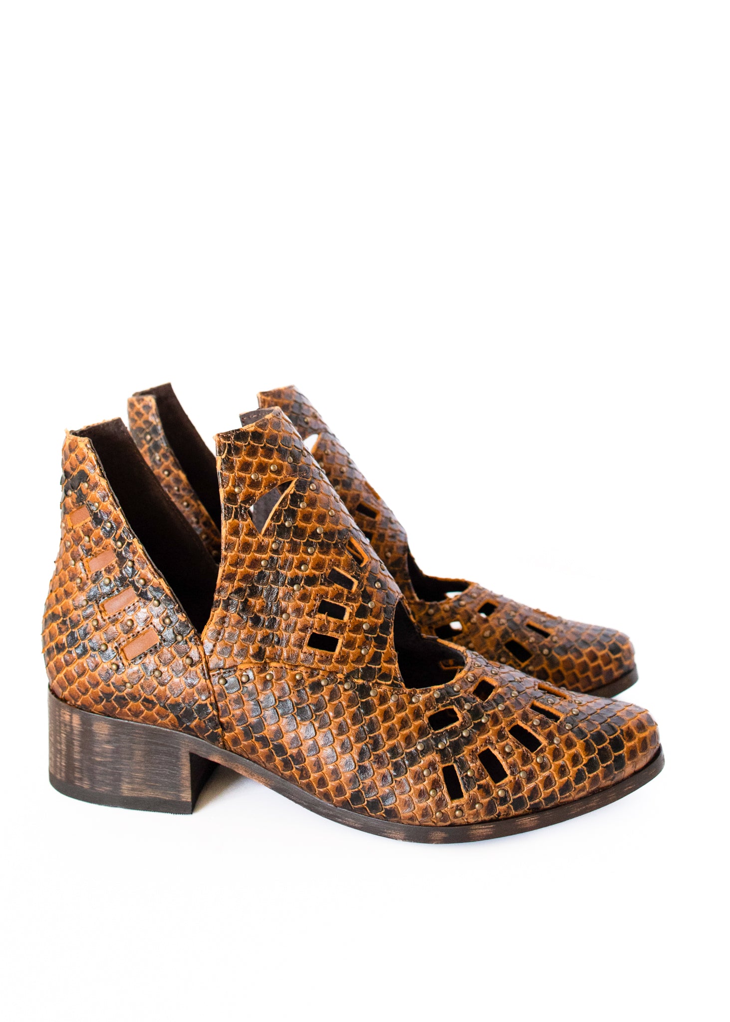 Reedy Cut Out Ankle Snakeskin Boot in Brown Leather