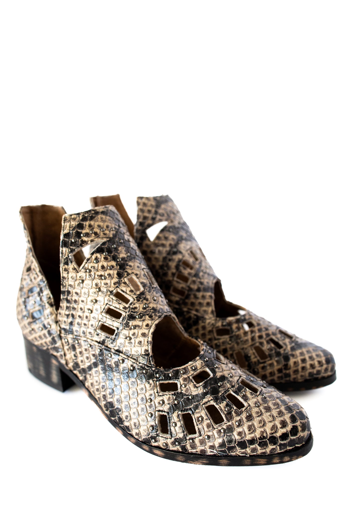Reedy Cut Out Ankle Snakeskin Boot in Taupe Leather