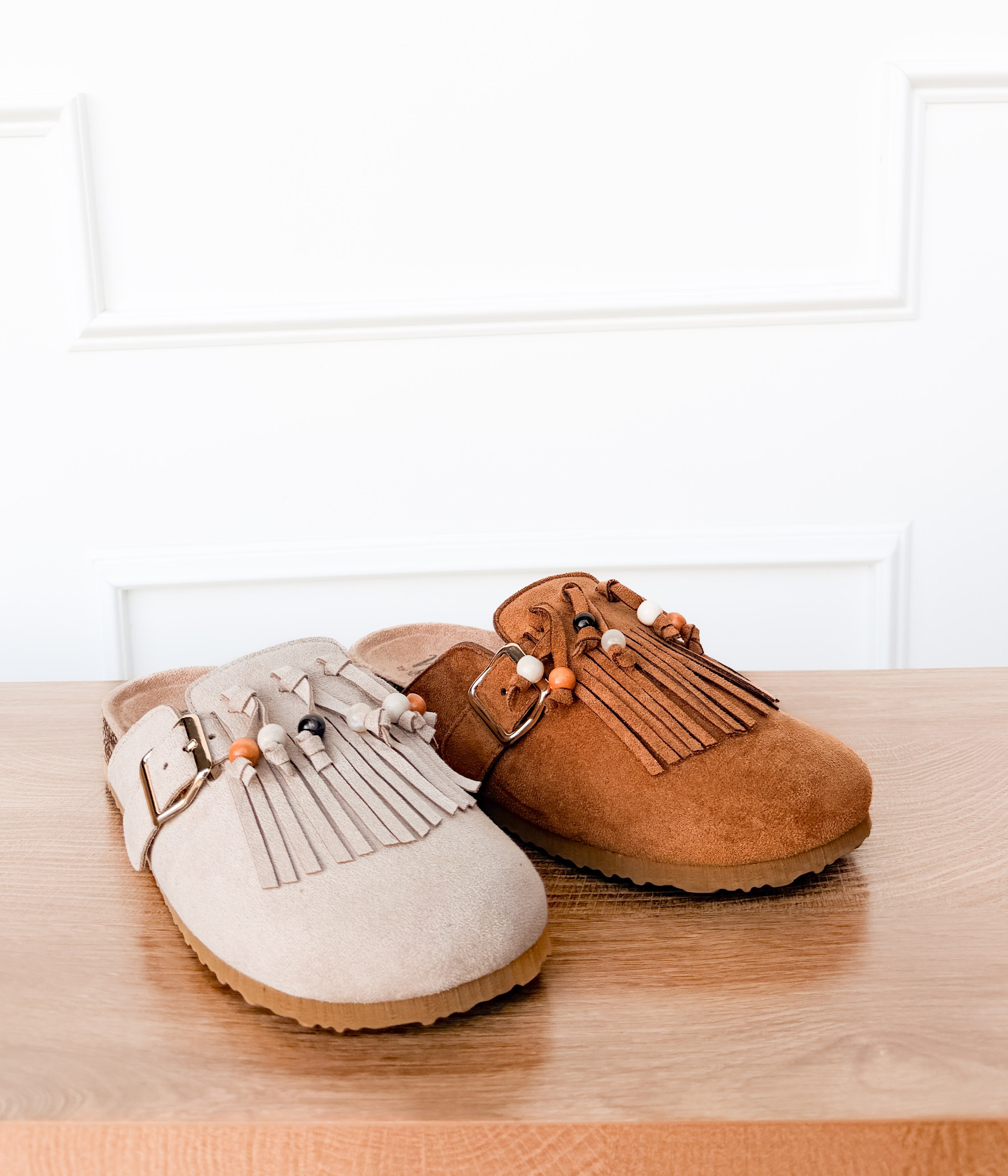 Sadie Western Fringe Beaded Flat Mules in Tan