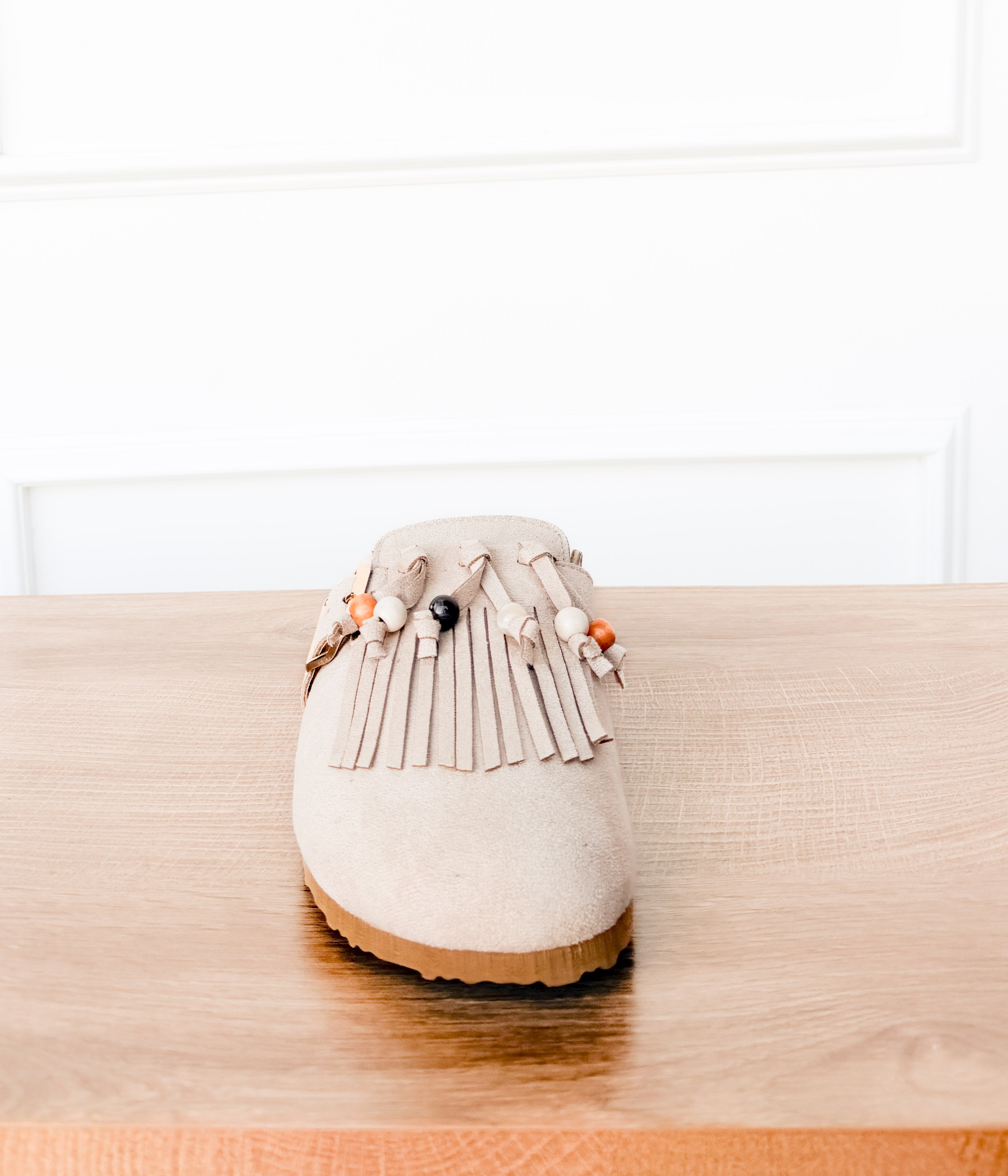 Sadie Western Fringe Beaded Flat Mules in Cream