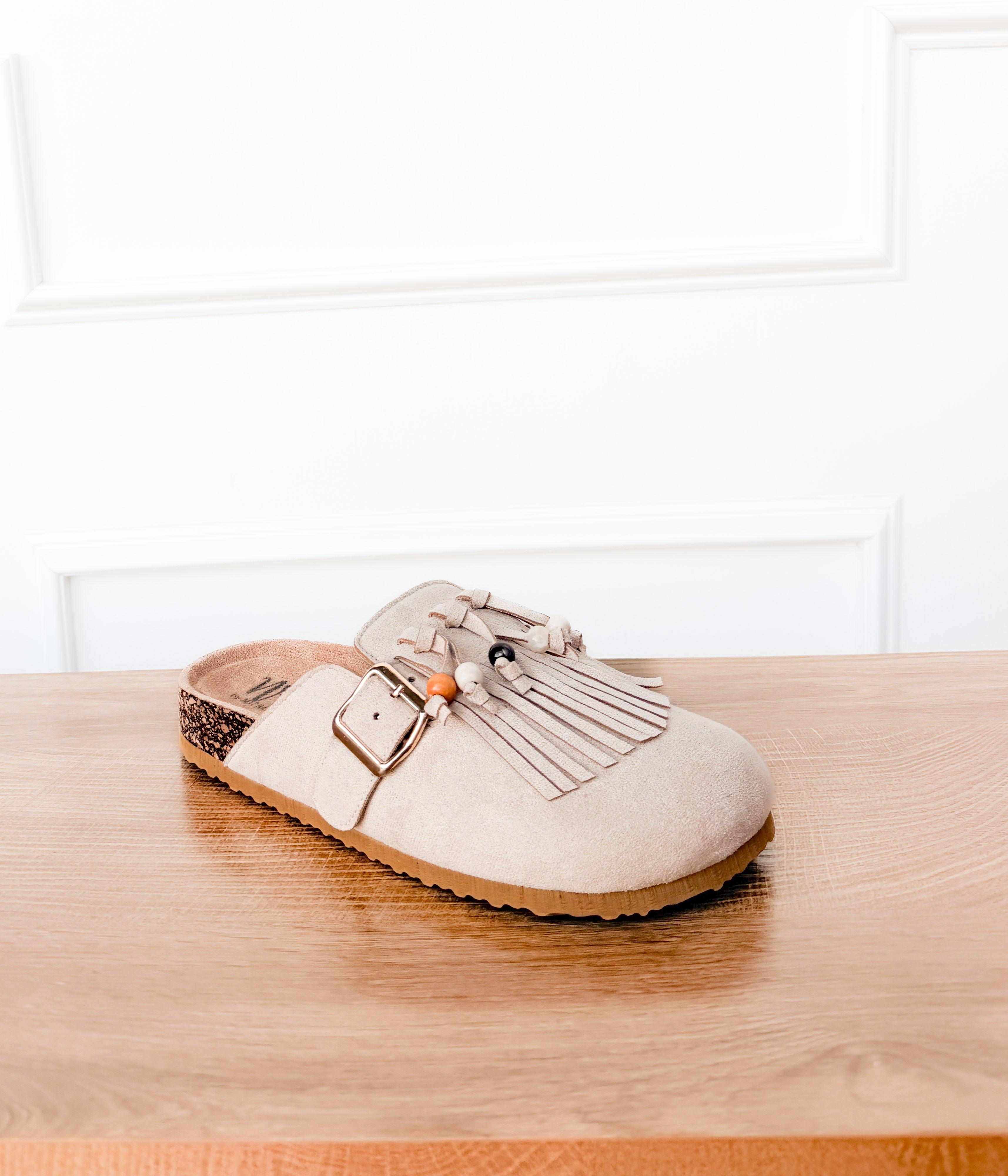 Sadie Western Fringe Beaded Flat Mules in Cream