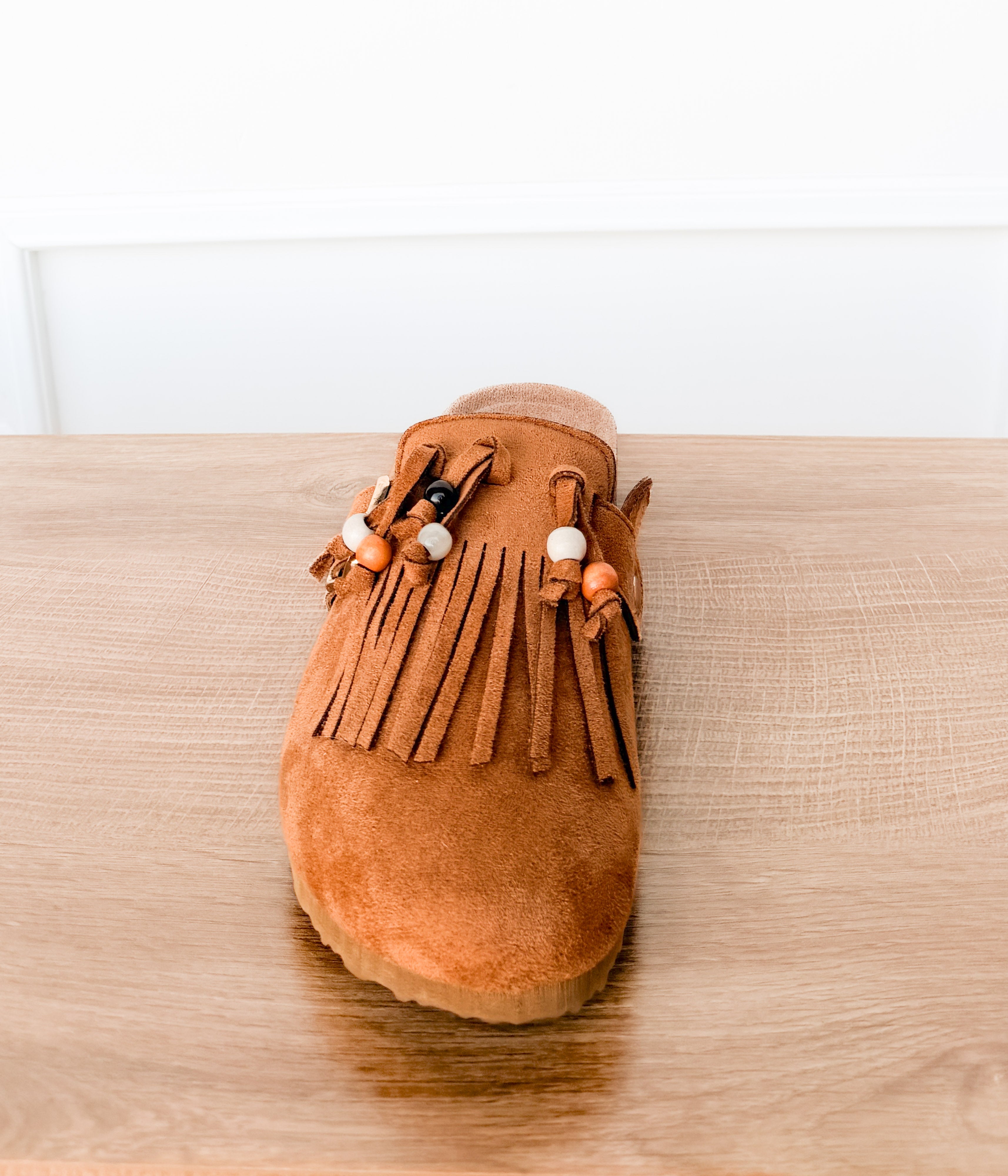 Sadie Western Fringe Beaded Flat Mules in Tan