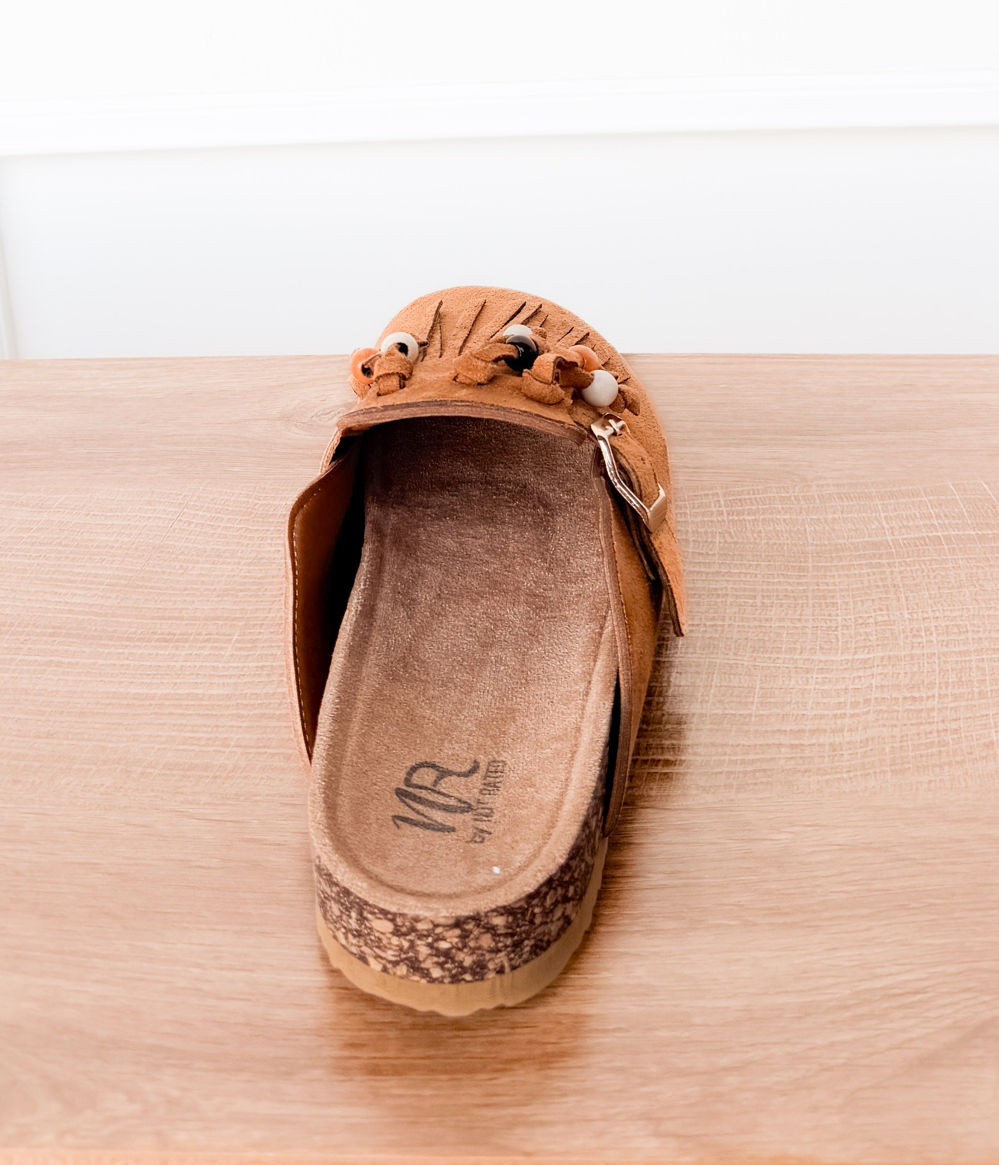 Sadie Western Fringe Beaded Flat Mules in Tan