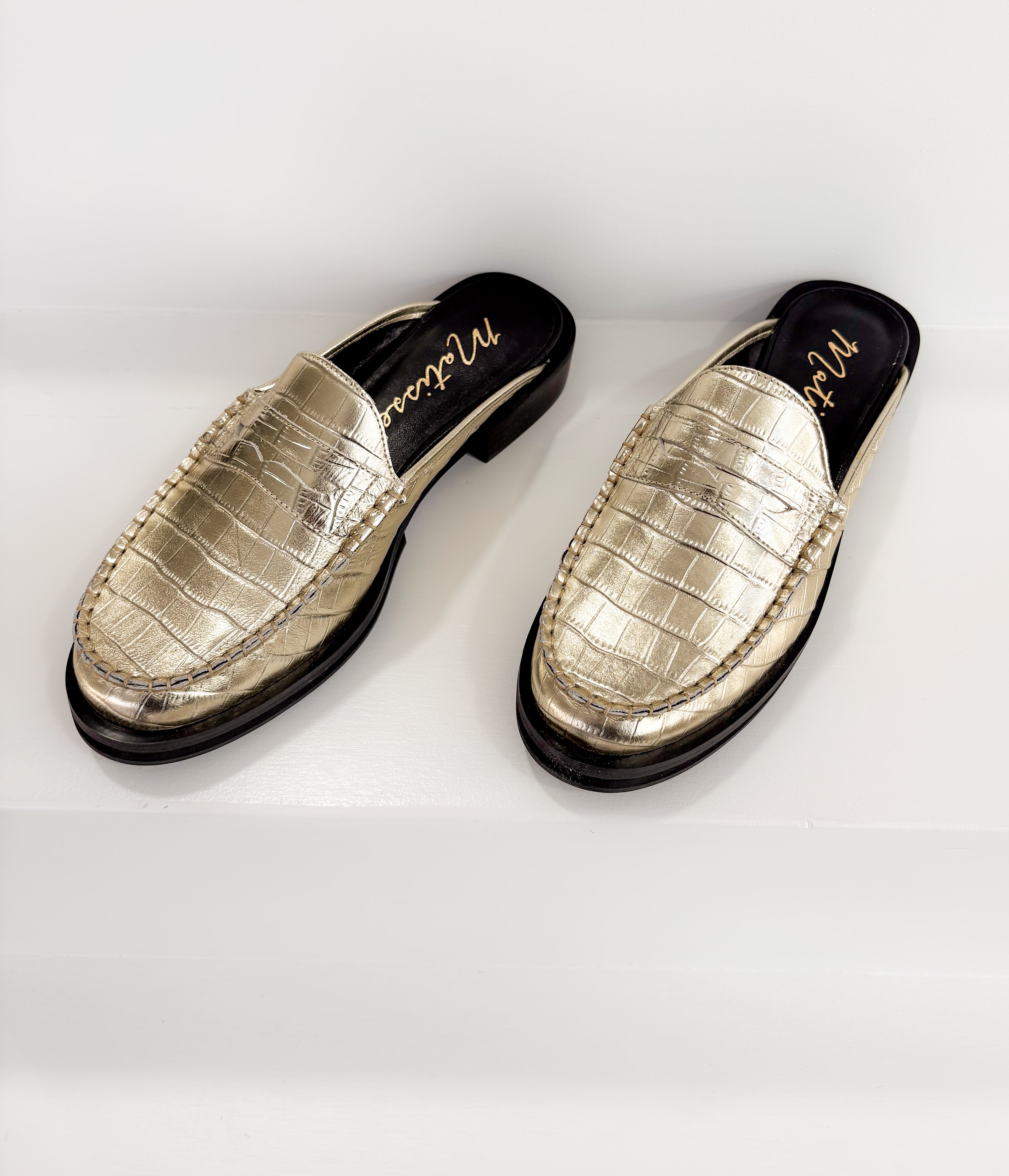 Tasha Mules in Gold Croc