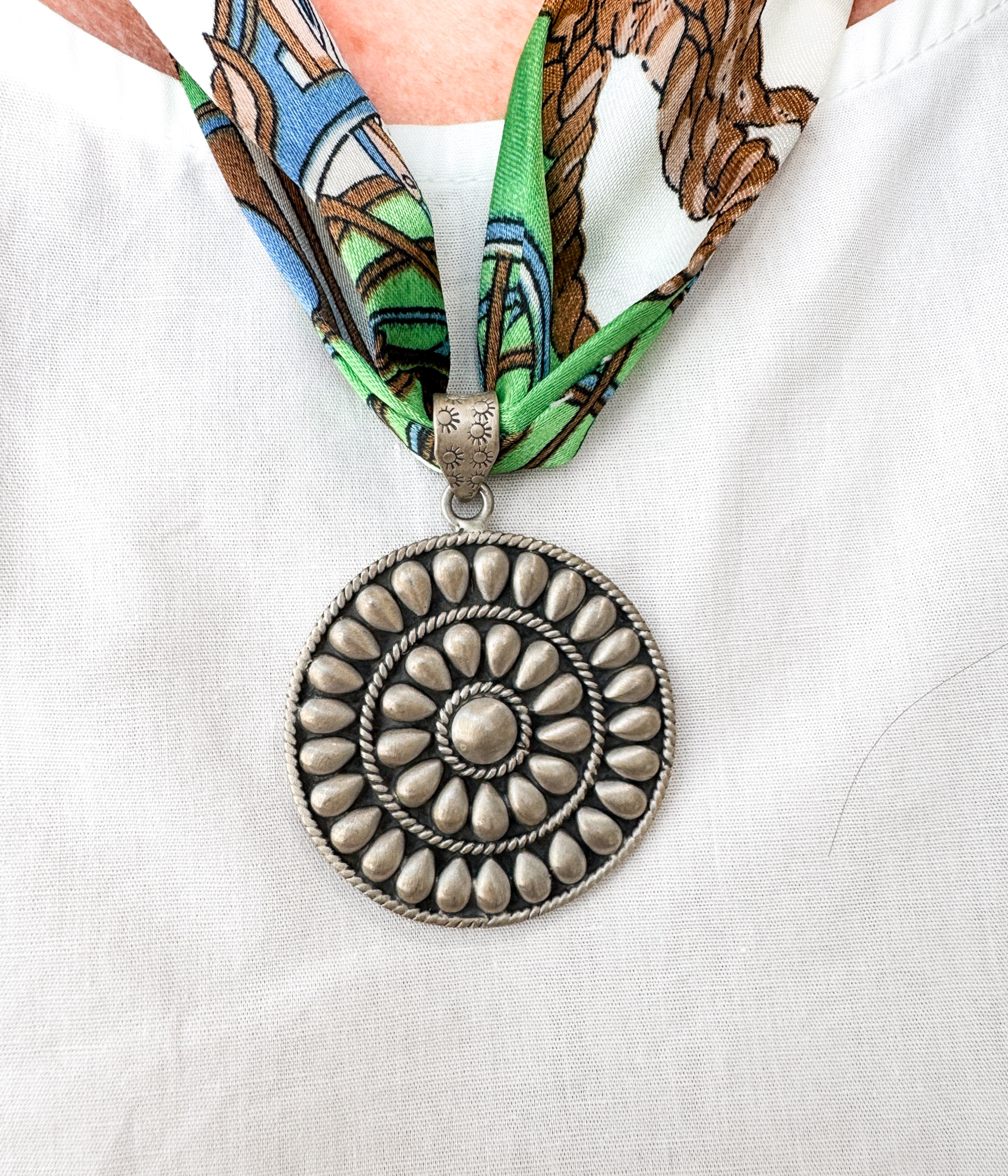 Sterling Silver Medallion Pendant on Silk Scarf Necklace