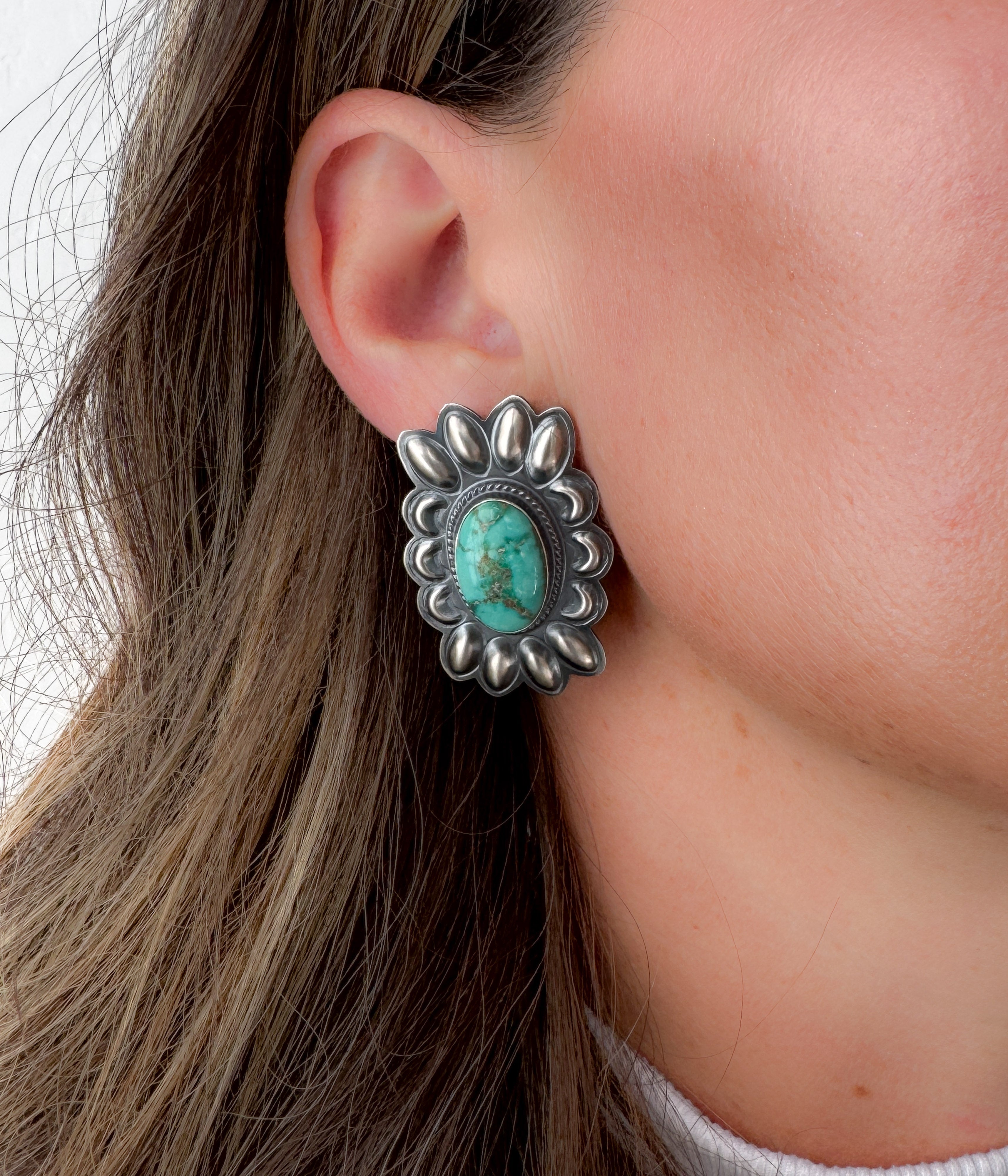 Rectangle Concho and Turquoise Navajo Earrings