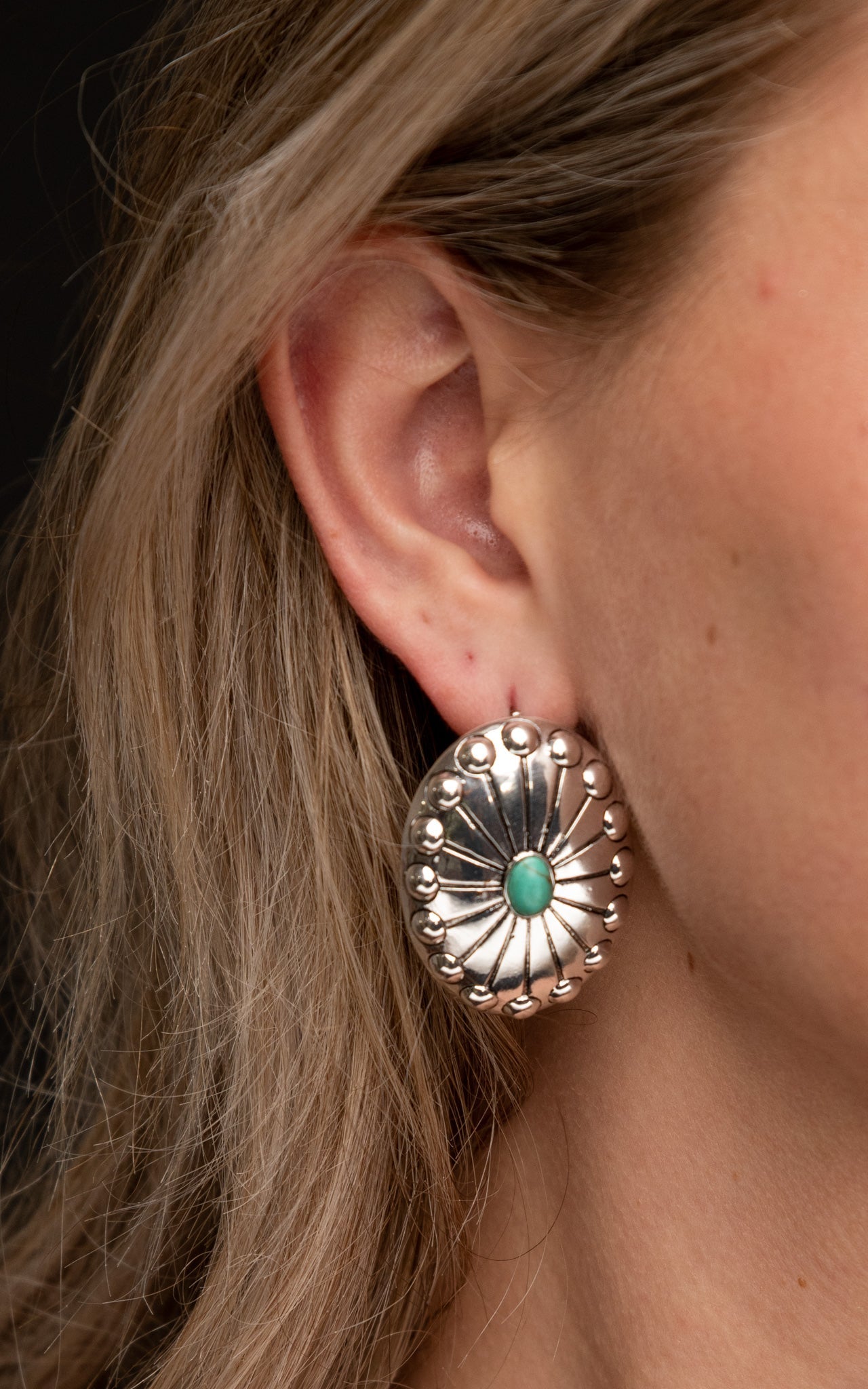 Burnished Silver Concho Earring with Turquoise Accent