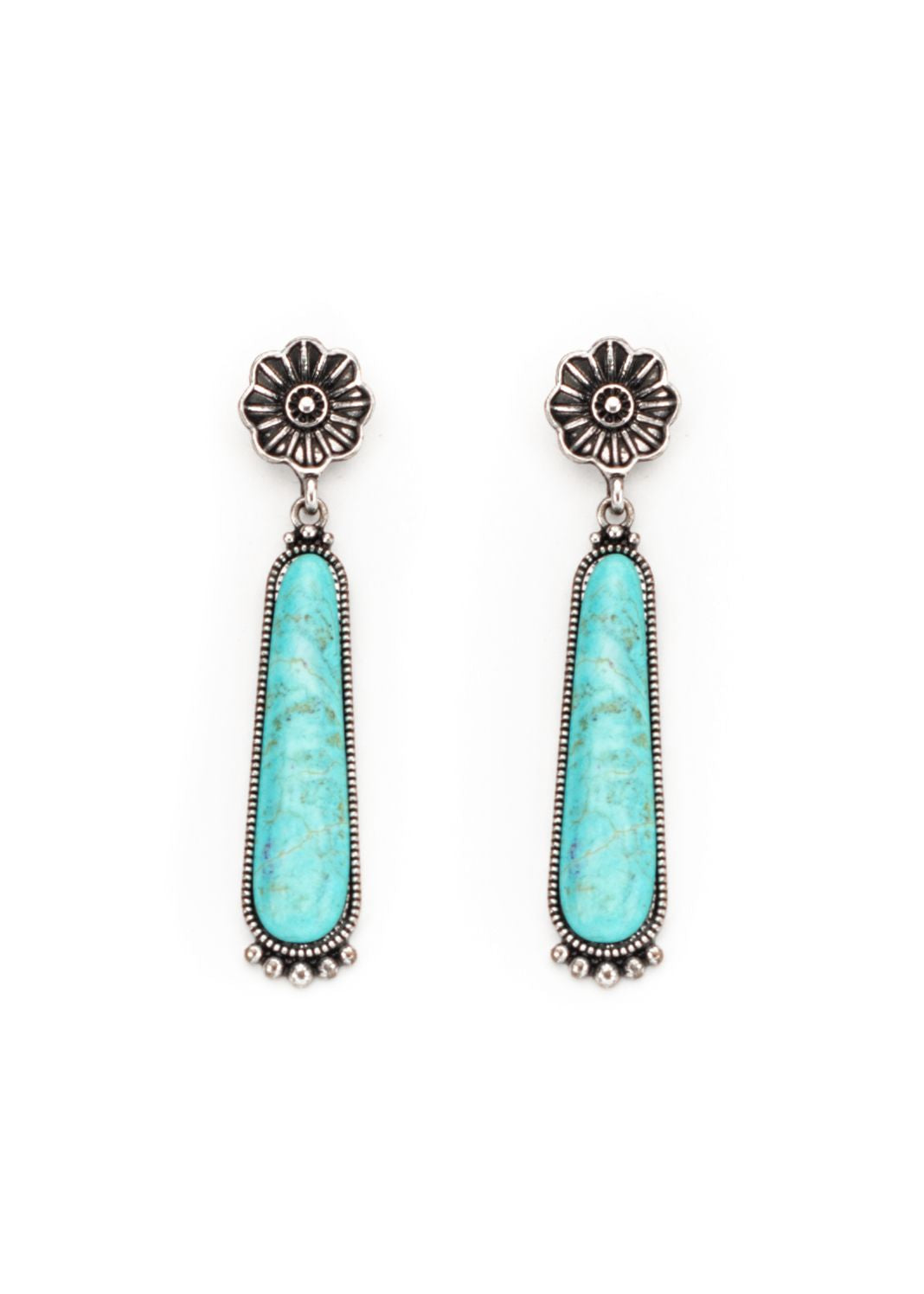Turquoise Elongated Earrings on Burnished Silver Flower Post